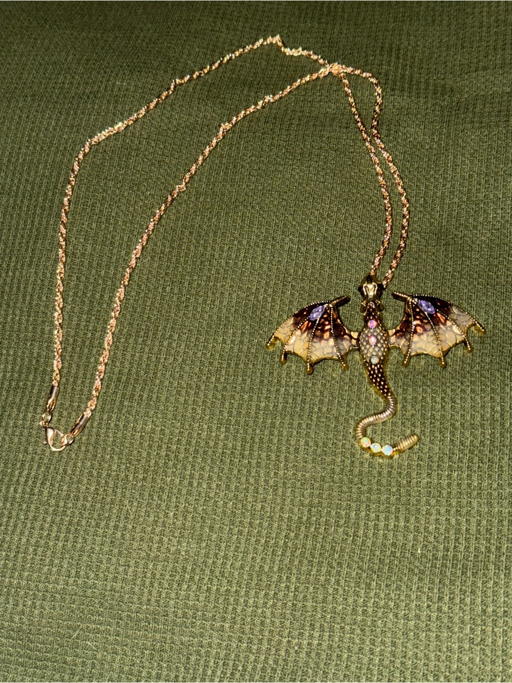 Gold-Tone Dragon Pendant Necklace with Purple and Cream Accents